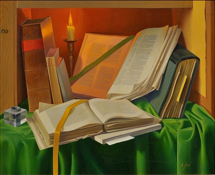 Alfredo Serri, Libri a lume di candela II, olio su tela, cm. 50,5x60,5