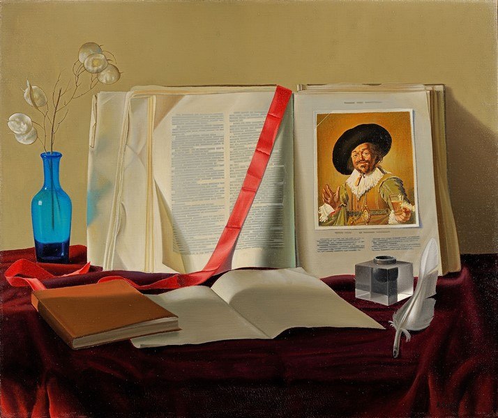 Alfredo Serri, Libri, nastro di argentaria, nastro rosso, olio su tela, cm. 50x60,2