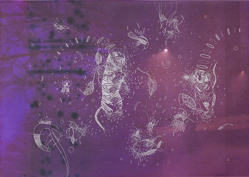 Giulia Lazzaron, Tigri nella giungla urbana, 2019, incisione all'acquaforte su fotografia ottenuta da pellicola modificata chimicamente, carta Hahnemühle applicata su cartone antiacido con retro-telaio, cm 50x72. Esemplare 1/1.