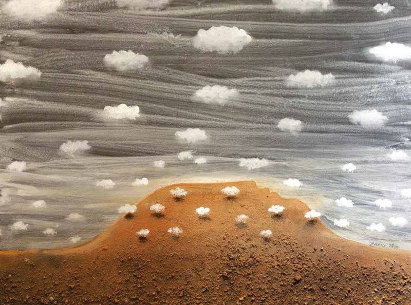 Sergio Zanni, Paesaggio con nuvole, 2015, acrilico e terra creta su tavola multistrato, cm. 70x76 