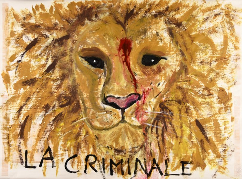 Elisa Abela, "La criminale", 2020, acrilico e smalto su carta tipografica, 49,5 x 70 cm