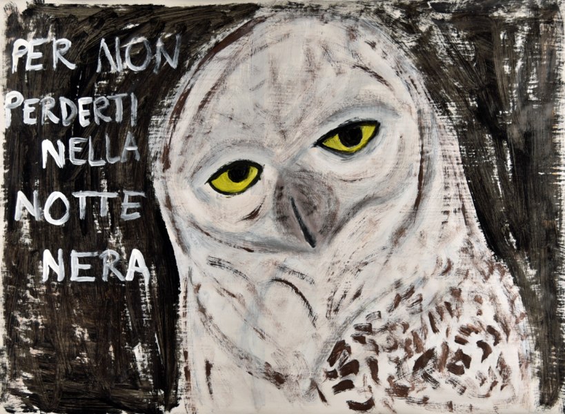 Elisa Abela, "Per non perderti nella notte nera", 2020, acrilico e smalto su carta tipografica, 49,5 x 70 cm