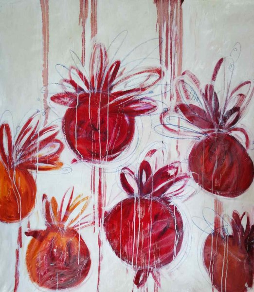 Annamaria Targher ripropone questo frutto, sì, come sospeso, fluttuante, ma anche con una densità pittorica che risulta essere quasi carnale. Annamaria Targher ripropone questo frutto, sì, come sospeso, fluttuante, ma anche con una densità pittorica che risulta essere quasi carnale.