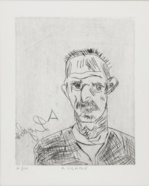 Antonio Ligabue, Autoritratto, 1960, puntasecca, mm. 281x230, esemplare 10-100