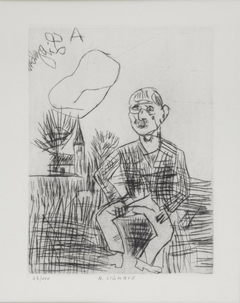 Antonio Ligabue, Autoritratto seduto, 1960, puntasecca, mm. 320x228, esemplare 45-100 
