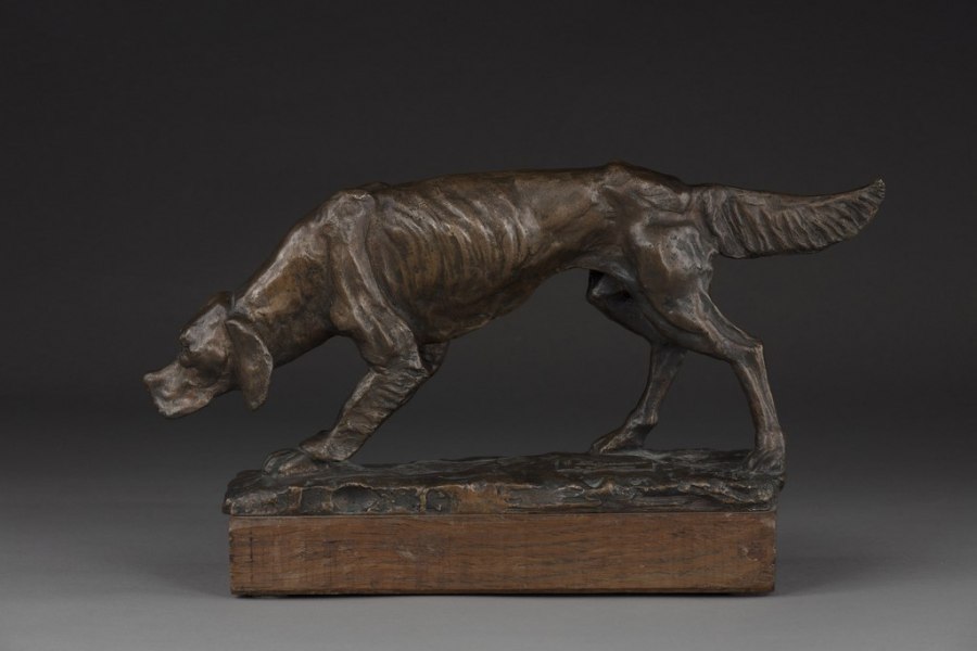 Antonio Ligabue, Cane setter, scultura in bronzo, cm. 15,5x35x9, esemplare 1214, Fonderia artistica Valcamonica & Visigalli di Milano