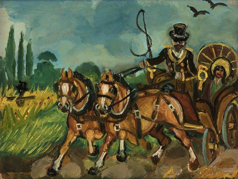 Antonio Ligabue, Il postiglione, III periodo (1952-62), olio su faesite, cm. 20x25 