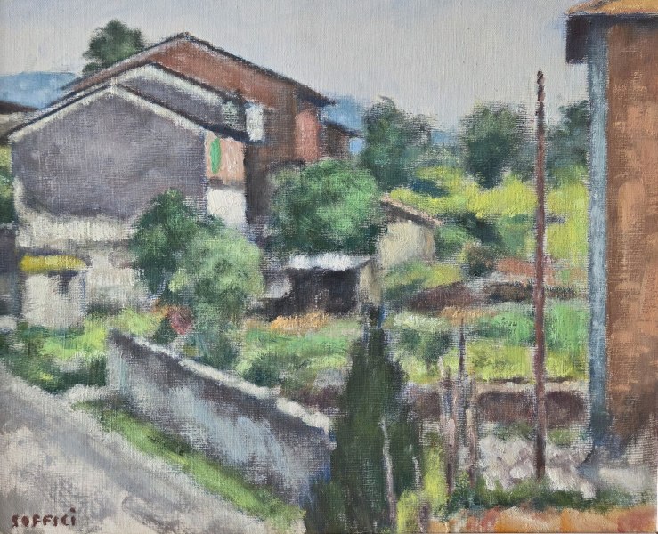 Ardengo Soffici, Case coloniche, olio su tela cartonata, 40 x 49,5 cm