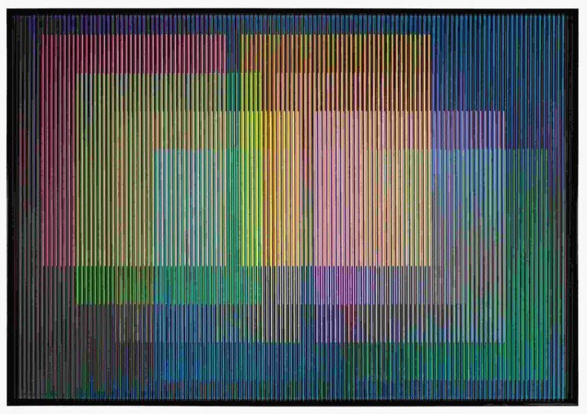 Carlos Cruz-Diez, Cromointerferencia Espacial 51, 1964-2017, cromografia su alluminio e nastro elastico, 100x150 cm Carlos Cruz-Diez, Cromointerferencia Espacial 51, 1964-2017, cromografia su alluminio e nastro elastico, 100x150 cm