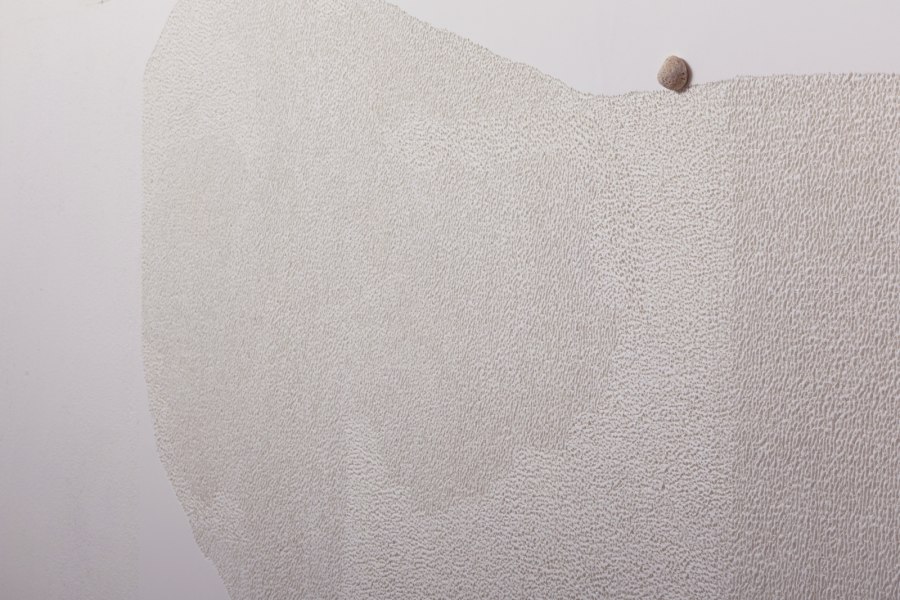 Claudio Gaddini, Human Geographies #27, 2020, incisione su reticolato di polietilene dipinto ad acrilico e applicato su pannello di forex + pietra, cm 89x110, particolare. Ph. Paolo Benvenuti