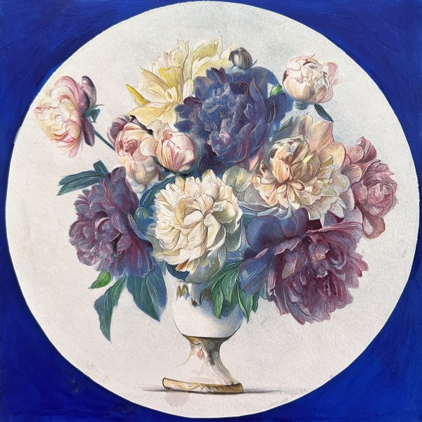 Cristina Iotti, Sinfonia#5, dalla serie Walzer dei fiori, 2025, cianotipo, matite colorate, acquerelli su carta incollata su tavola, cm 30x30