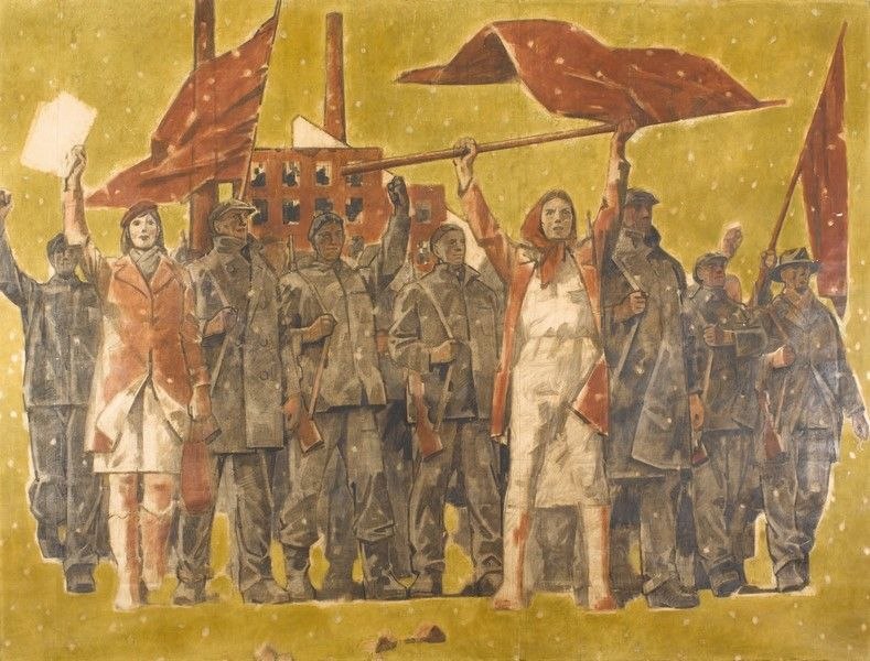 Adolf Zábranský, Febbraio 1948, (cartone del Ciclo "Tradizione rivoluzionaria dei nostri uomini VI"), 1972-81, carboncino e guazzo su carta applicata su tela