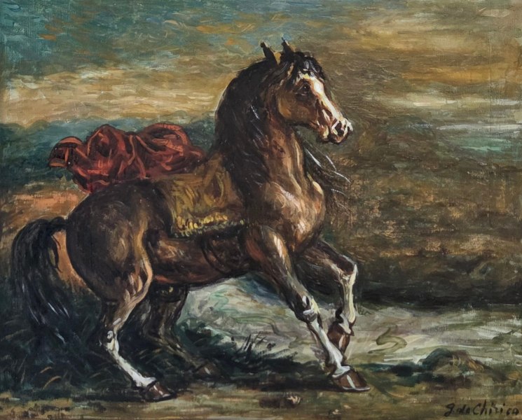 Giorgio de Chirico, Cavallo con drappo rosso, anni Cinquanta, olio su tela, 40 x 50 cm