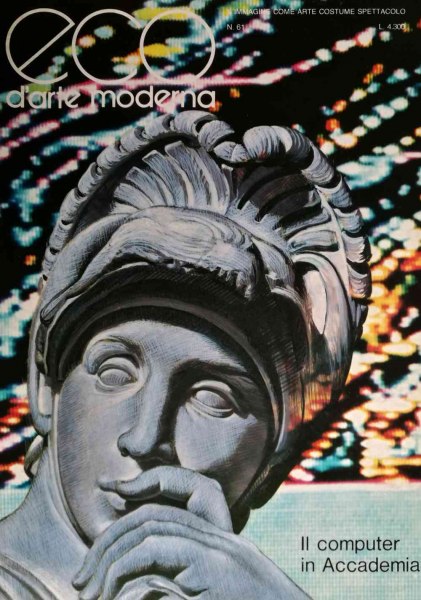 Riccardo Saldarelli, “Il computer in Accademia” 1986, tecnica pittorica su elaborazione digitale per una copertina di Eco d'arte moderna