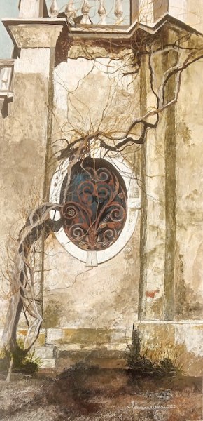 Loredana Riavini - Architettura nel cortile del Castello di Duino, 2023 - acrilico su tavola - cm 72x35