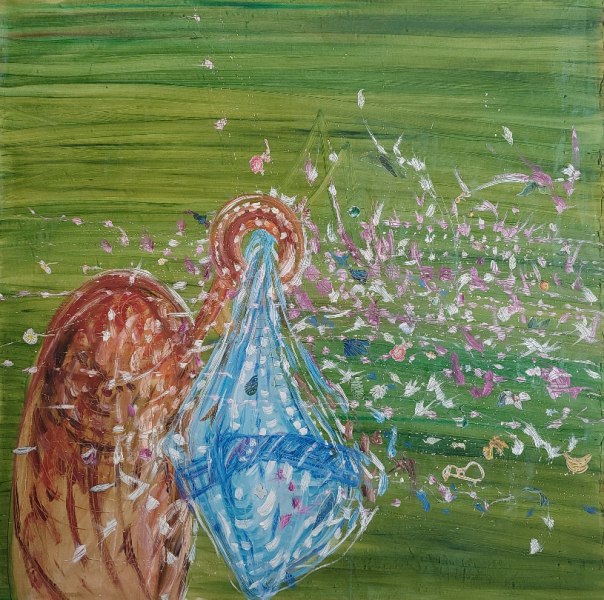 Naufragio. Bandiera bianca o bitta con cencio, 2025, olio e collage su tela, cm 136 x 140