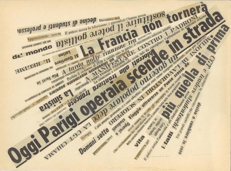 Nanni Balestrini, "Oggi Parigi", 1968, collage cm 27x35,5