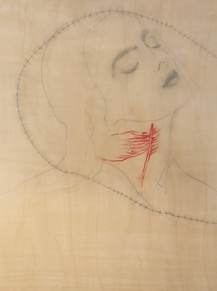 Omar Galliani, Nuove anatomie, 2003, matita su tavola e pigmento rosso, cm. 251x185