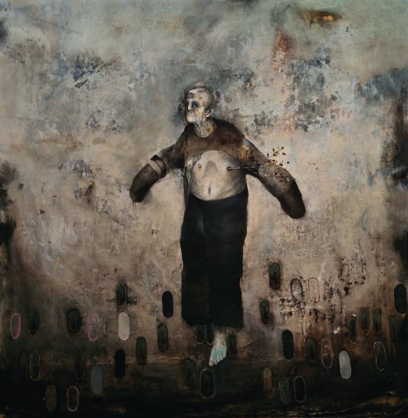 Sergio Padovani, La pelle, 2024, olio, bitume e resina su tela, 210 x 210 cm