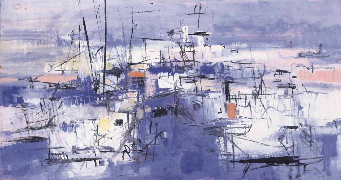 Ettore Sottsass jr, Porto di mare, 1952, tempera su carta applicata su tavola, cm. 81x154,5. CAMeC La Spezia, collezione Premio del Golfo Ettore Sottsass jr, Porto di mare, 1952, tempera su carta applicata su tavola, cm. 81x154,5. CAMeC La Spezia, collezione Premio del Golfo