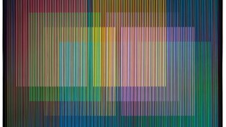 Carlos Cruz-Diez, Cromointerferencia Espacial 51, 1964-2017, cromografia su alluminio e nastro elastico, 100x150 cm